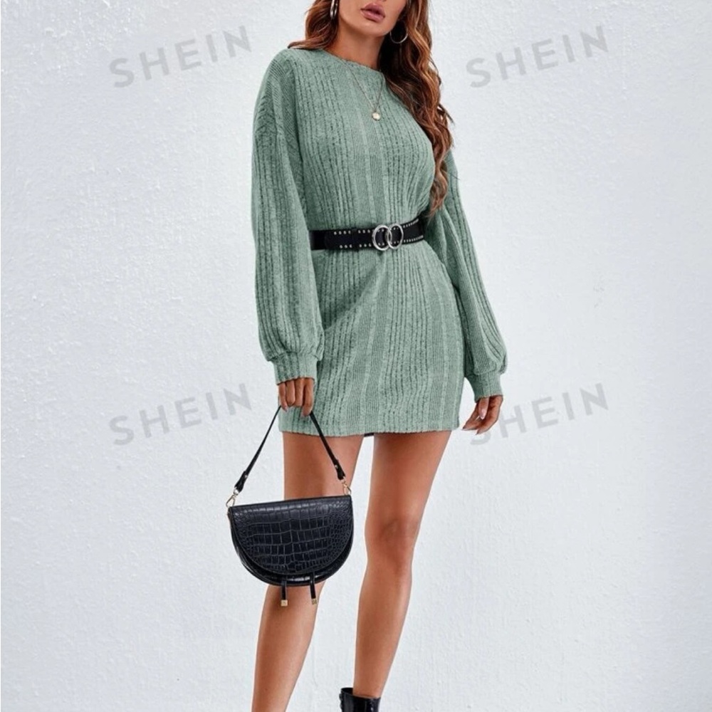 Mint Green Drop Shoulder Sweater Dress - Picture 3 of 6